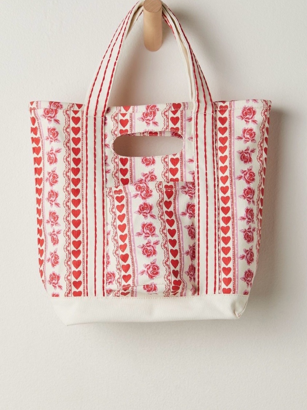 Free People Cream and Red Heart & Rose Stripe Canvas Tote